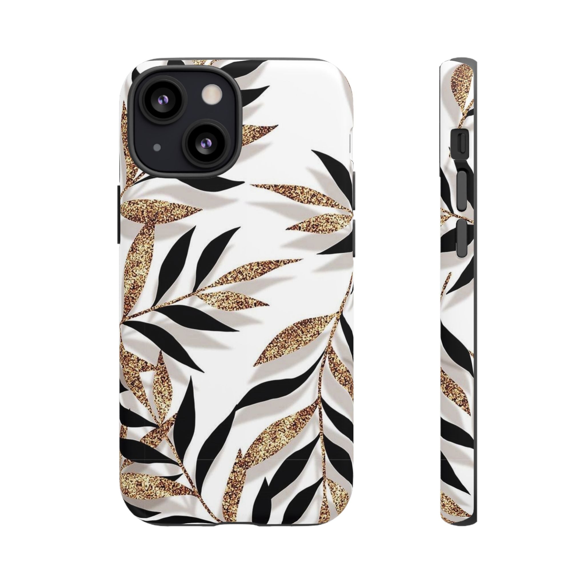 Gold Leaf Floral Phone Case — Glitter Black & White Botanical Tough Case