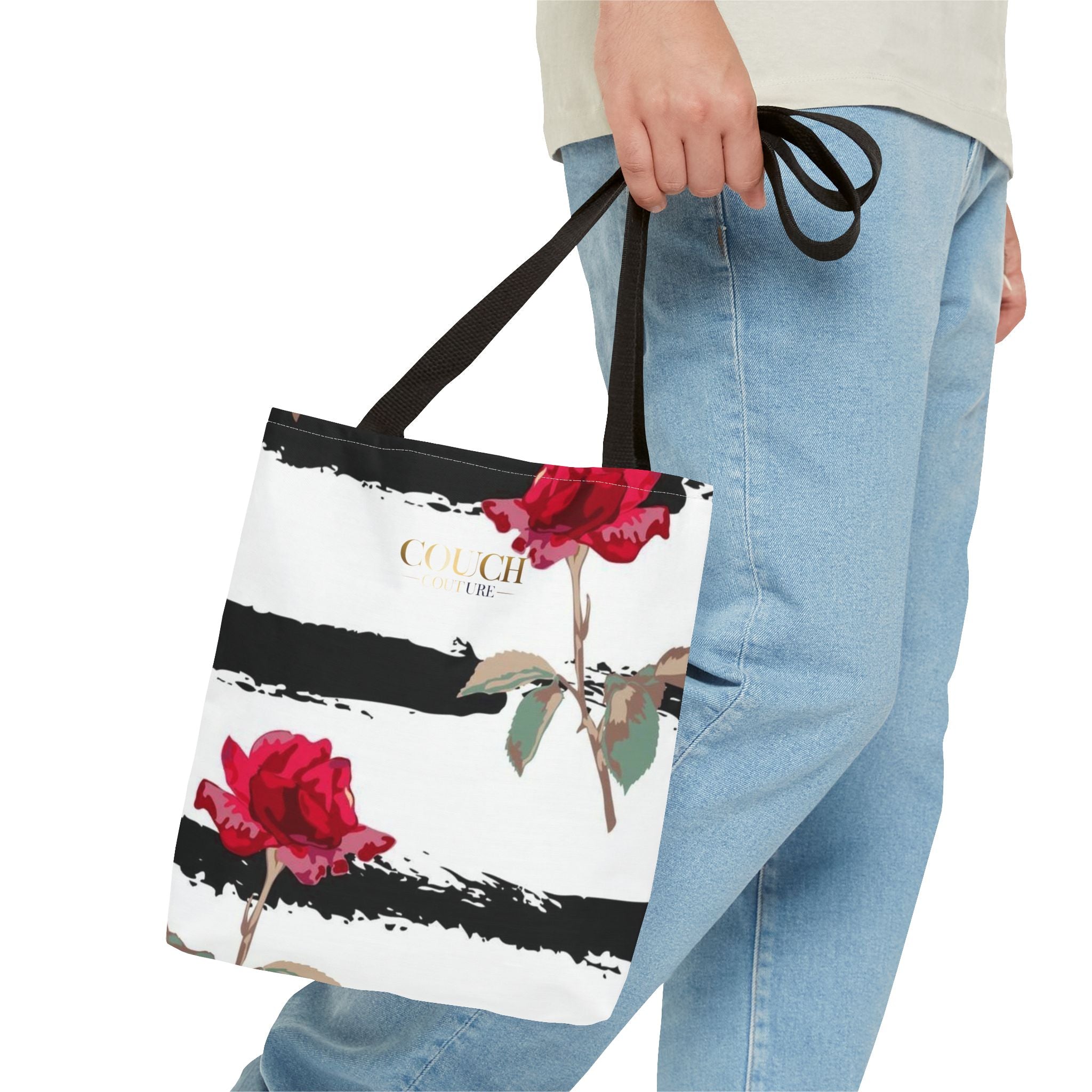 Floral Stripe Tote Bag – Red Roses on Black Brushstroke Stripes