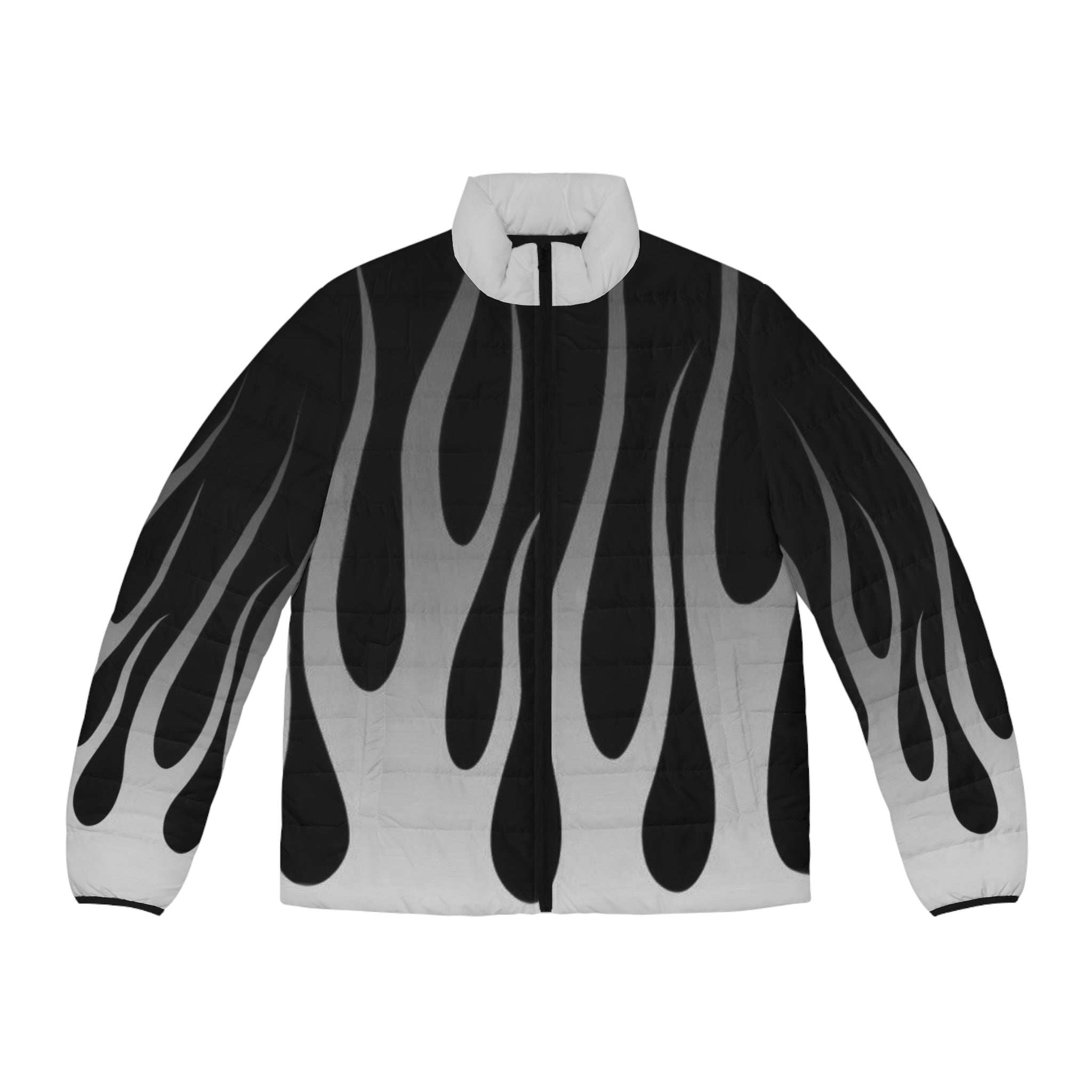 Men's Flame Puffer Jacket — Black & Grey Gradient All-Over Print