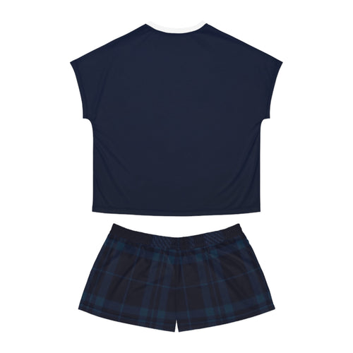 Carpe Diem Women’s Short Pajama Set — Navy Plaid Sleep Shorts & Script Tee