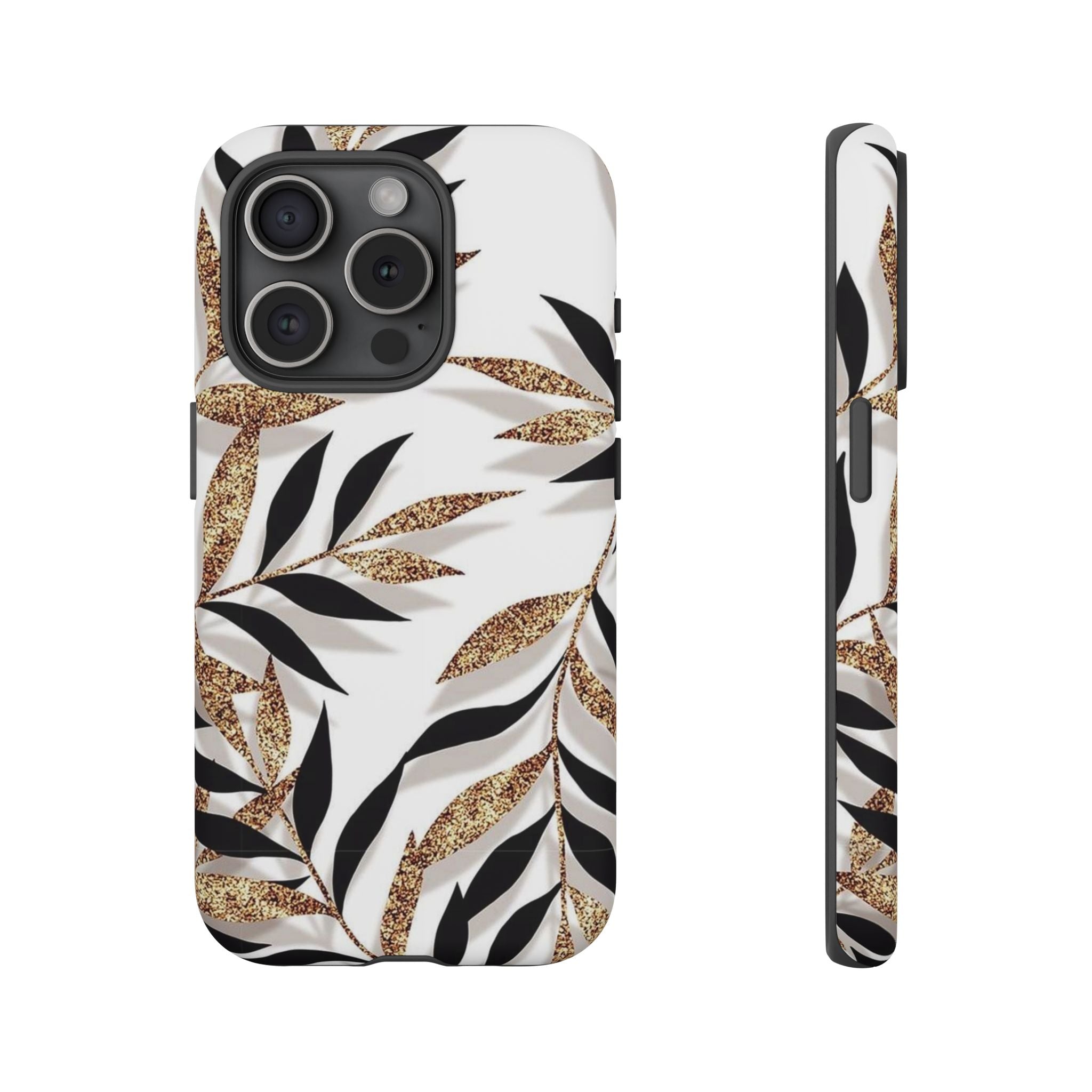 Gold Leaf Floral Phone Case — Glitter Black & White Botanical Tough Case