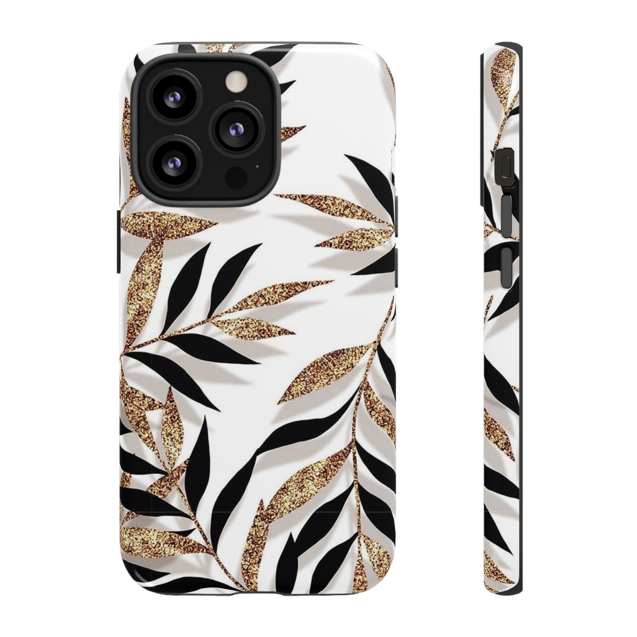 Gold Leaf Floral Phone Case — Glitter Black & White Botanical Tough Case